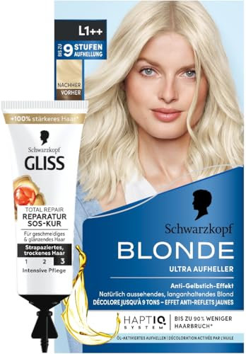 Schwarzkopf Blonde Aufheller L1++ (143 ml), Haarfärbemittel für Öl-aktiviertes Haare Aufhellen mit HaptIQ System & SOS-Intensiv-Kur Total Repair (15 ml), Haarkur mit Keratin
