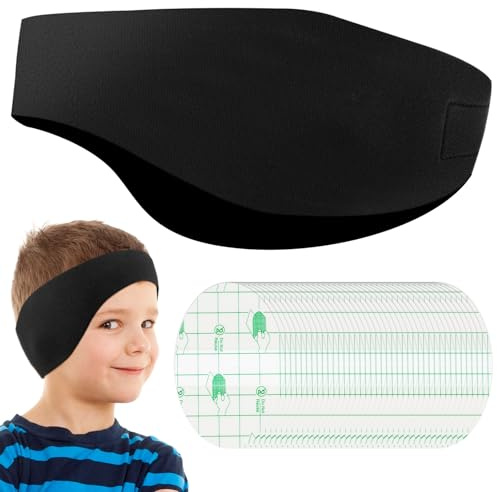 Bandeau de Natation Enfant, Protection Auditive Bandeau d'Oreilles Enfants en Néoprène avec 40pcs Autocollants Oreilles Étanche, Bandeau Sport Élastique pour la Natation et le Surf (Noir, Moyen)