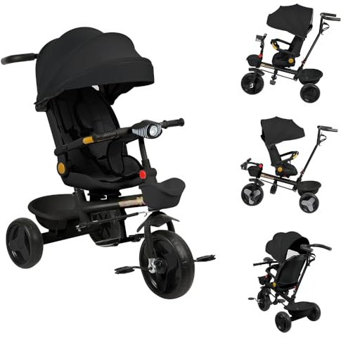 Laufrad Dreirad, Laufräder Kinderdreirad mit schubstange, Dreirad Lauffahrrad für Kinder ab 1 Jahre Jungen Mädchen Geschenk (schwarz-A)
