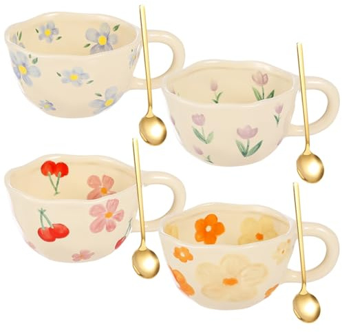 YOFAPA Lot de 4 tasses à café en céramique, jolies tasses à café avec cuillères, tasses à thé irrégulières en porcelaine de 250 ml, tasses à lait esthétiques avec poignées, tasses à lait créatives en