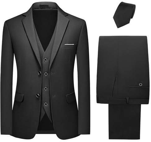 KUDMOL Herren Anzüge 3 Teilig Klassisches Smoking Zwei Knöpfe Herrenanzug Sakko Weste Hose mit Schwarzer Krawatte（Schwarz,XL）