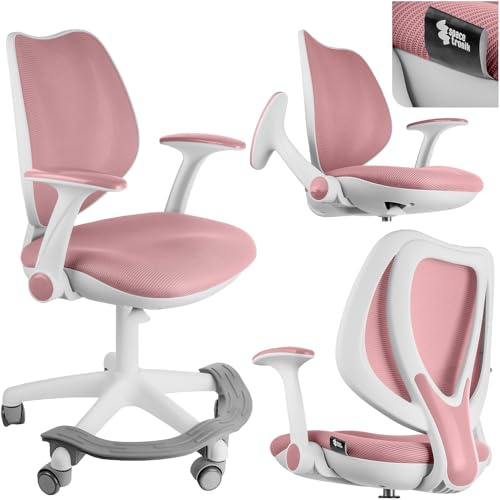 Spacetronik Schreibtischstuhl Kinder mit Fußstütze, Höhenverstellbar | Sitzhöhe 42-55 cm, Klappbare Armlehnen, Netzrücken, Rollenblockierung, Ergonomisch, Bürostuhl Kinder