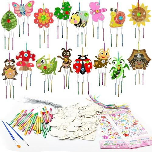 quiodok 16 Stück Windspiel Bastelset Kinder, Basteln Kindergeburtstag, DIY Klangspiel, Färben Painting Outdoor Gartendekoration, Kreatives Geschenke für Jungen Mädchen, Schmetterling