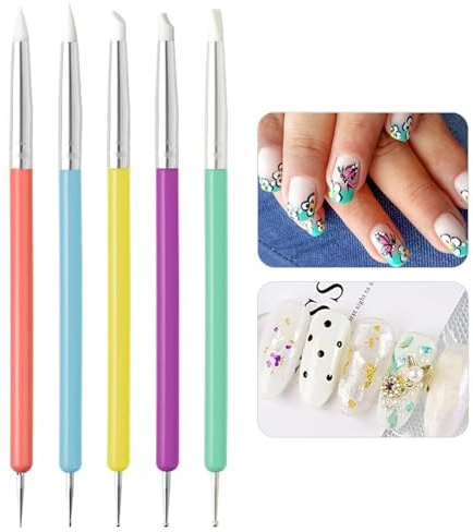 Lot de 5 pinceaux à ongles en silicone pour nail art avec poignée en plastique, pinceaux de sculpture en gel, outils de pointillage, outils de manucure à double tête avec poignée en plastique, kit de