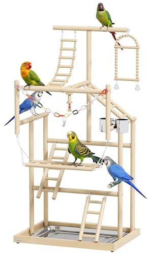 PawHut Trespolo per Pappagalli, Parco Giochi per Uccelli con Scale, Catene, Ciotole, Vassoio Rimovibile e Posatoi, per Parrocchetti, Cocorite e Conuri, Legno Naturale