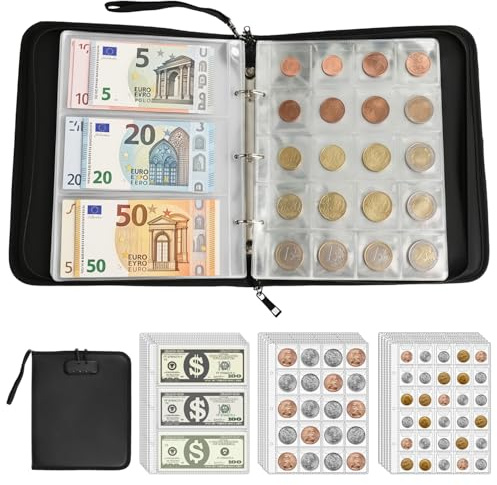 QWORK® Album de Collection de Pièces de Monnaie Ignifugé, 400 Emplacements Classeur Étanche avec Serrure à Code, pour Billets, Médailles et Timbres