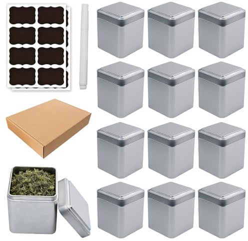 VEGOATY 12 Stück Stk Eckige Teedosen: 7 x 7 x 8.5 cm Klassische Teedosen für Losen Tee inkl 16 Etiketten und Flüssigkreide, Luftdicht Teedose Metall Eckig für Tee, Kaffee, Zucker (Mattes Silber