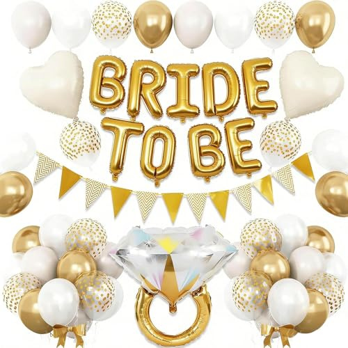 Catelves Bride to Be Luftballons Set, JGA Deko Frauen, Gold Buchstaben (BRIDE TO BE), 16 Latexballons, 2 Herzballons, Diamantring & Zubehör für Bachelorette, Heiratsantrag, Hochzeitsdeko Party