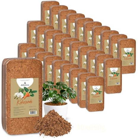Allkokos 30x650g hochwertige Kokoserde für Pflanzen & Blumen | Block quillt zu 9L Pflanzenerde, torffreies Kokossubstrat, 100% natürliche Kokosfaser Erde mit pH 5,5–6,8