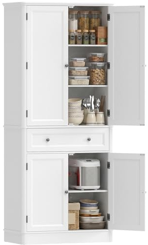 HOMCOM Küchenschrank Hochschrank mit 4 Türen Weiß 80 x 39,5 x 186,4 cm | Schublade, Verstellbare Einlegeböden, Buffetschrank, Vorratsschrank, für Küche, Esszimmer, Wohnzimmer