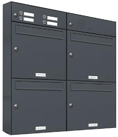 AL Briefkastensysteme 4er Briefkastenanlage mit Klingel Anthrazit Grau RAL 7016, Premium Briefkasten DIN A4, 4 Fach Postkasten modern Aufputz