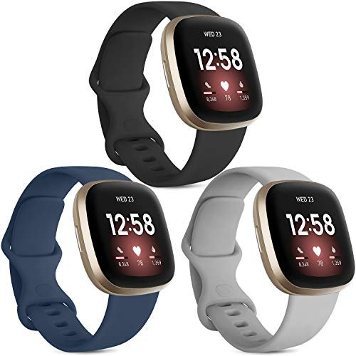 [3 Pack] Straps compatible for Fitbit Versa 3 Strap/Sense Strap, Soft Silicone Replacement Band for Fitbit Versa 3 / Fitbit Sense Smart Watch (Black/Grey/Navy blue, Large)