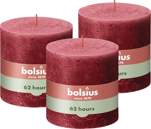 Bolsius - Vela XXL – Rojo – 3 unidades – 10 x 10 cm – Velas decorativas para el hogar – Duración de combustión 62 horas – sin perfumar – Cera vegetal natural – Sin aceite de palma