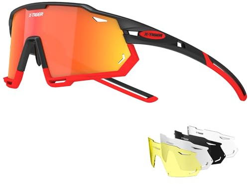 X-TIGER Fahrradbrille Polarisiert Sonnenbrille mit 5 wechselgläser TR90 Rahmen für Herren Damen Sport Radfahren MTB Radbrille UV400 Skifahren Fahren Angeln Baseball Laufen Sportbrille