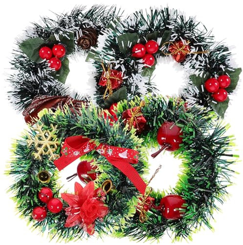 Happyyami 4pcs Mini Christmas Pine Wreaths Mixed Style Artificial Decorative Hanging Supplies for Home Wall Door Window Decor
