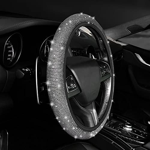 URAQT Lenkradbezug Glitzer, Universal Auto Lenkradbezug, Vollrhinestones Lenkradabdeckung Lenkrad Dekoration für Frauen, Silber