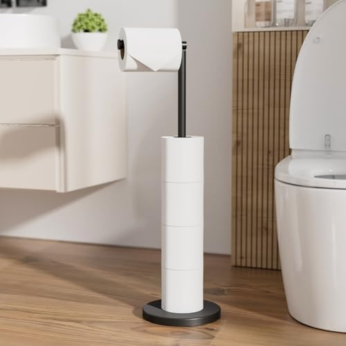 HITSLAM Matte Black Free Standing Toilet Roll Holder with Heavy Duty Base, SUS304 Stainless Steel Freestanding Toilet Paper Holder with Reserve, Toilet Roll Storage Stand for Bathroom