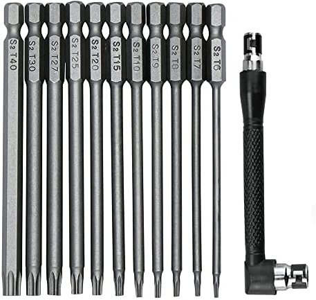 Fixinus Juego de 11 puntas de destornillador Torx largas, vástago hexagonal magnético de 1/4 pulgadas, acero S2, broca de 75 mm de largo, puntas Torx de seguridad T6-T40, con soporte para