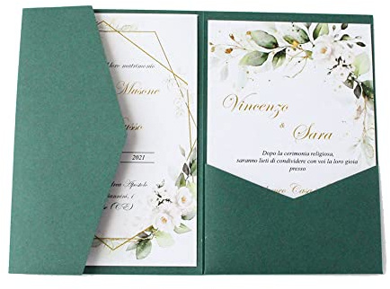 MillaSaw - Partecipazione di matrimonio, colore verde scuro, cofanetto a tre ante, invito a una festa campestre, 25 pezzi.