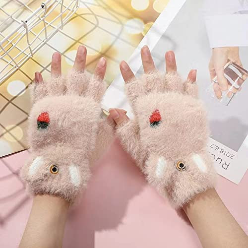 Liyinco Damen Fingerlose Handschuhe Nette Kaninchen Ohr Flip Handschuhe Winter Mädchen Strickhandschuhe Plus Fleece Verdickt Fingerlose Strickhandschuhe Beige One Size