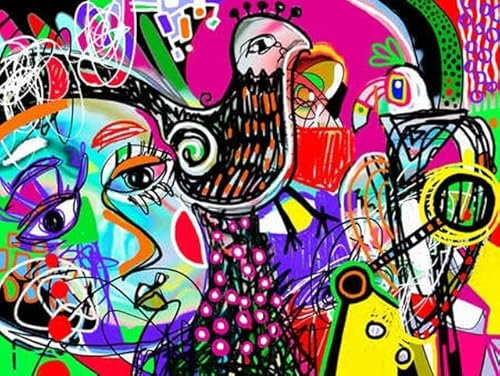 Acryl-Bild 70 x 50 cm: Zeitgenössische digitale moderne Kunst. Abstrakte Komposition mit menschlichem Gesicht und Vögeln (169308223)