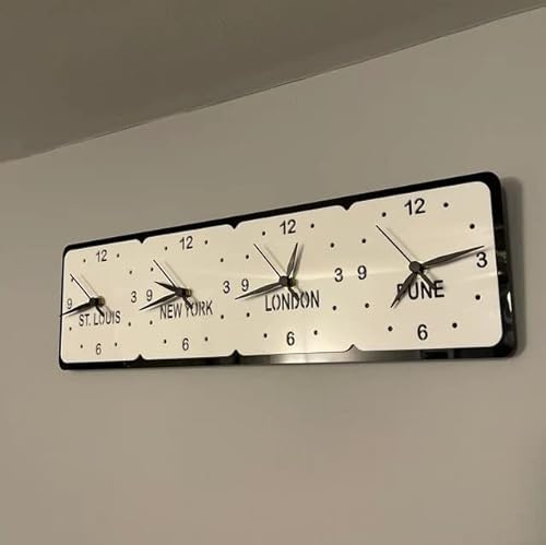 Bespoke Named Four Time Zone Clock with Desk Stand, Light Grey/Moonlight | Shatterproof acrylic, Silent sweep movement, Includes desk stand, 50cm x 15.5cm size, Customisable names and colours