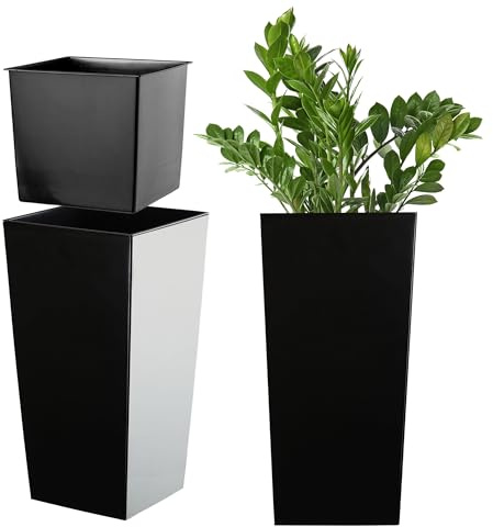 KADAX blomkruka, blomkruka av plast, planteringskruka för blommor, inomhus och utomhus, trädgård, balkong, terrass, hus, väderbeständig, rotting imitation (46,5 cm höjd, svart-slät)