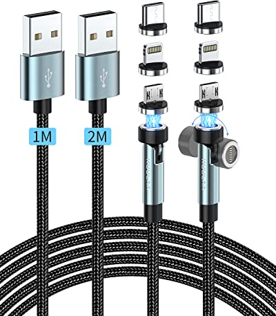 Kuulaa 3-in-1-Magnetladekabel, 360° und 180° Magnetisches Ladekabel, 3A Schnellladung, Magnetisches Ladekabel für Micro USB/Typ C/iProducts/Huawei (1M+2M)