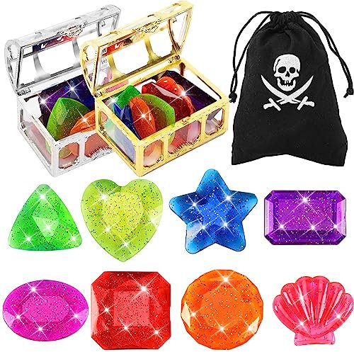 MARFOREVER 18 Pcs Big Diving Gem Pool Toys - 16 Colorful Sinking Diving Gems Underwater Crystals Swimming Pool Toys with 2 Treasure Chest Pirate Boxes Summer Party Favors Gem Swimming Training Gift