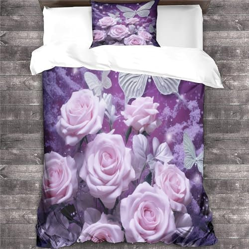 Purple Roses Quilt Cover Duvet Cover 3D Print Elegant Butterfly Comforter Covers for Teens And Adults with Zipper Closure Soft Microfiber with Pillow Cases Bedding Set 3 Pieces Single（135x200cm）