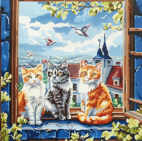 kitphoenix Diy Knüpfhaken-Set Knüpfkissen Zum Selber Knüpfen,Katze Stehtset Latch Hook Kissen Kit Knüpfteppich Knüpfpackung, Sofakissenbezug Handgemachte Geschenke, 43 × 43 Cm