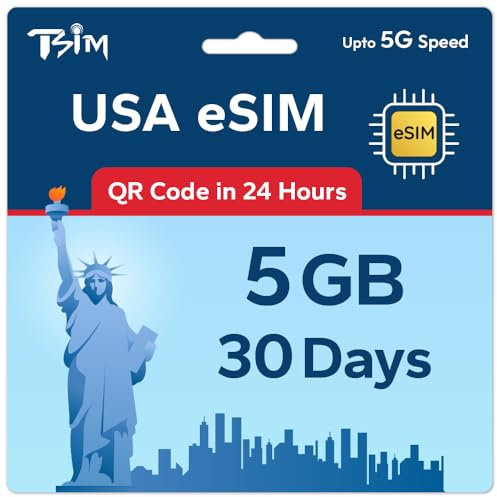 TSIM Prepaid USA eSIM for Travel | 30 days 5GB 5G Speed | Hotspot Allowed | eSIM QR Code Sent by Email within 24Hrs of Shipping | Scan QR Code and use Immediately | Data Only No Voice