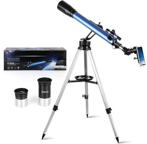 Telescopio 60/700mm con Oculari Kellner da 6 mm e 25 mm, Telescopio Astronomico per Principianti con Cercatore 5x24 Treppiede Adattatore per Telefono, per Osservare la Luna e I Pianeti