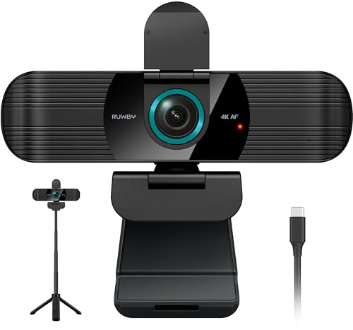 RUWBY UHD 4K Webcam with Built-in Dual Mics, Wide-Angle Lens, Privacy Cover, Tripod Stand, Autofocus PC Camera, Plug and Play for Desktop Computer or Laptop