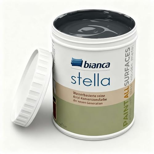 Bianca Stella Pintura para muebles premium sin lijado para cocina y baño, Antracita, Brillante, 1000ml, a base de agua, pintura acrílica para todas las superficies, madera, azulejos, metal