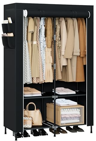 CASAMAYA Portable Closet, 34 Inch Large Capacity Wardrobe Closet with Cover, Clothes Storage Organizer with Shelves and 2 Hanging Rods, Easy to Assembly, Black PCT202B01