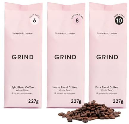 Grind Coffee Bean Variety Pack – 3x 227g – Amazon Exclusive – House/Light/Dark Roast – Suitable for all Coffee Machines – Barista Quality – Ethically Sourced – Roasted in UK