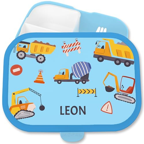 Brotdose Kinder Campus für Mepal - Brotbox Bagger mit Name Lunchbox Baustelle Jausenbox Baustellenfahrzeuge I Kipplaster I Betonmischer - 750 ml - Blau - geschenke kindergarten baufahrzeuge