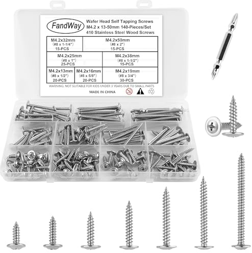 FandWay 140 Stück Blechschrauben,M4,2 Holzschrauben Tellerkopfschrauben mit Scheibe,Edelstahl 410 Selbstschneidende Schrauben,Selbstbohrschrauben Länge 13~50mm mit 1 Bits fur Alu Holz Kunststoffe.