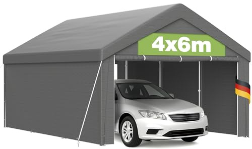 Carport Pavillon 4x6m mit PE Plane, wasserdicht UV-beständig stabilem Metallrahmen, Bodenrahmen, Dachverstärkung, abnehmbare Seitenwände, Unterstand für Auto, Boot, Lagerung von Waren, Schuppen, Grau