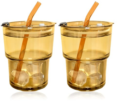Yuedefly 2 pcs 13oz Tumbler Water Glass,Glass Coffee Cups with Lids and Straws, Iced Coffee Cups Reusable, Water Cup for Coffee, Iced Tea, Thick Wall Insulated Glass Cup(Amber)