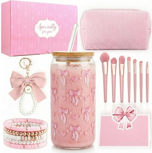 Einschulung Geschenke für Mädchen Teenager 9 10 11 12 13 14 15 16 Jahre | Geburtstag Geschenk Mädchen Glasbecher, Trinkglas mit Strohhalm und Deckel, Schminkpinsel Kosmetiktasche Armband Socken