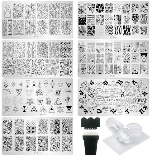 AddFavor Nail Stamping Plate Kit with Nail Stamp and Scraper, 6pcs Leaf Fruit Geometric Nail Stamper Kit for Home Salon Manicure Polish Print Stencils Design Tools