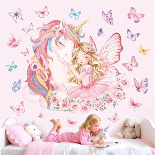 decalmile väggklistermärke enhörning prinsessa rosa väggtatuering fjäril blommor väggklistermärke flicka barnrum sovrum babyrum väggdekoration