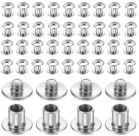 sourcing map 40set Chicago Screw M4x5mm 3mm Length Metal Phillips Nail Rivet Stud Bolts Rivets Binding Post Screw for DIY Leather Belt Bag Craft Bookbinding, Silver