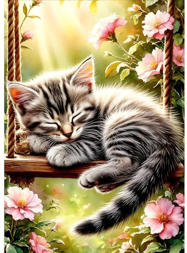 DPHERO DIY Schwingende Katze Diamant Painting Kits Bilder für Erwachsene Anfänger,5D Kätzchen Diamond Painting Set,DIY Runde Steine Diamant Kunst Kits,Wildblumen Diamond Art für Zuhause Dekor 30x40 cm