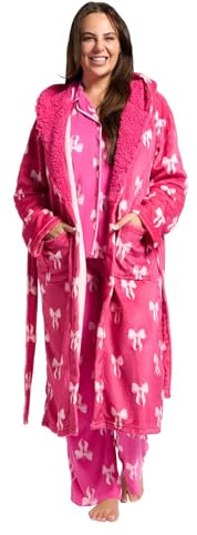 OHS Bow Print Dressing Gown Womens, Mothers Day Gifts Super Soft Warm Flannel Fleece Hooded Bathrobe with Pockets Fluffy Sherpa Lined Luxury Oversized Fluffy Ladies Dressing Gowns, Hot Pink