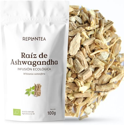 REPLANTEA Infusión de Raíz de Ashwagandha Ecológica 100g | Té Adaptógeno para el Estrés y la Ansiedad | Ayuda Natural para la Relajación y el Sueño | Whitania Somnifera a Granel