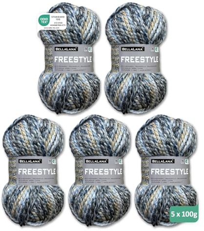 BellaLana Freestyle Wolle - Garn zum Stricken & Häkeln, Ideal für Big Knit-Looks - 80% Polyacryl, 20% Wolle, Lauflänge 100m/100g, Nadelstärke 7, 5 x 100g - Blau-Grau