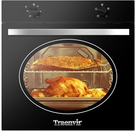 2000W Built-in Electric Oven, 65L Capacity, 4-Function, Silver Knob | 60cm Plug in Oven 240V, Black, Grill Heating Element, Traenvir